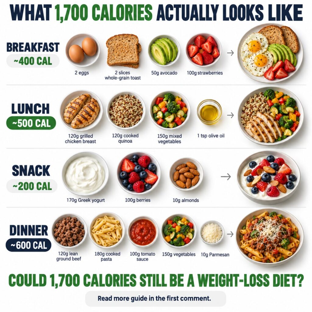 An infographic showing a 1 700-calorie meal plan broken down by breakfast lunch snack and dinner with various healthy fo