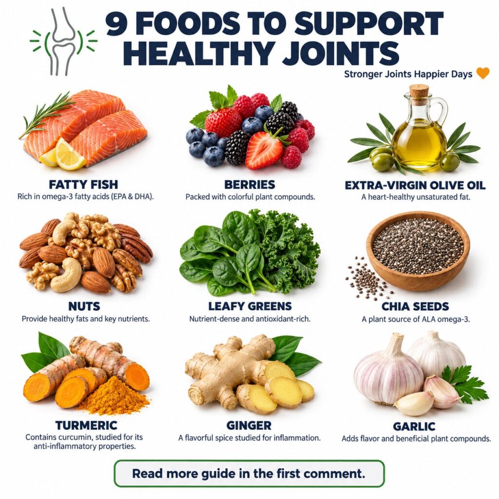 An infographic showing 9 different healthy foods arranged in a grid with text overlay for each promoting joint health Fo
