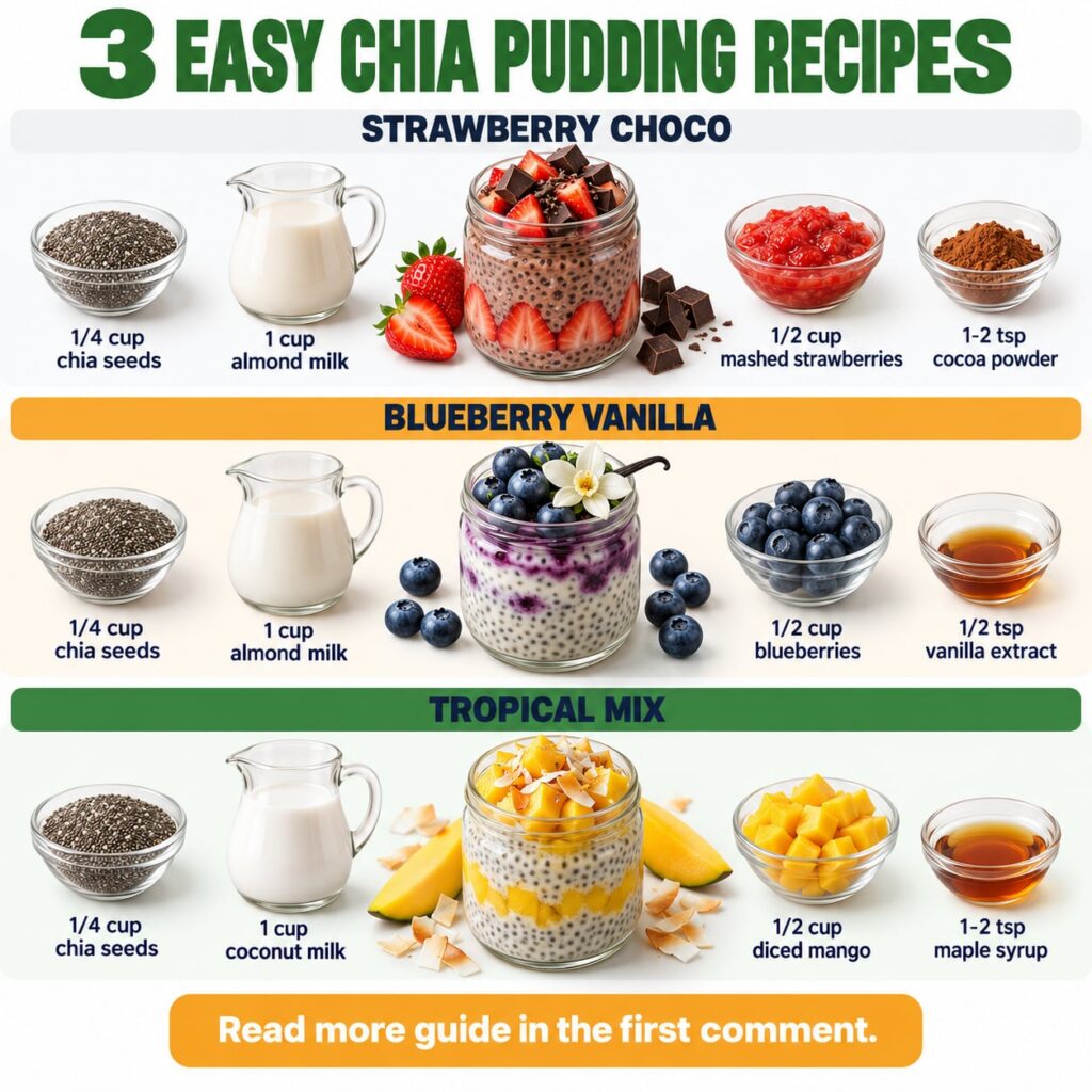 A bright and clean graphic featuring 3 EASY CHIA PUDDING RECIPES with three horizontal sections Strawberry Choco Blueber