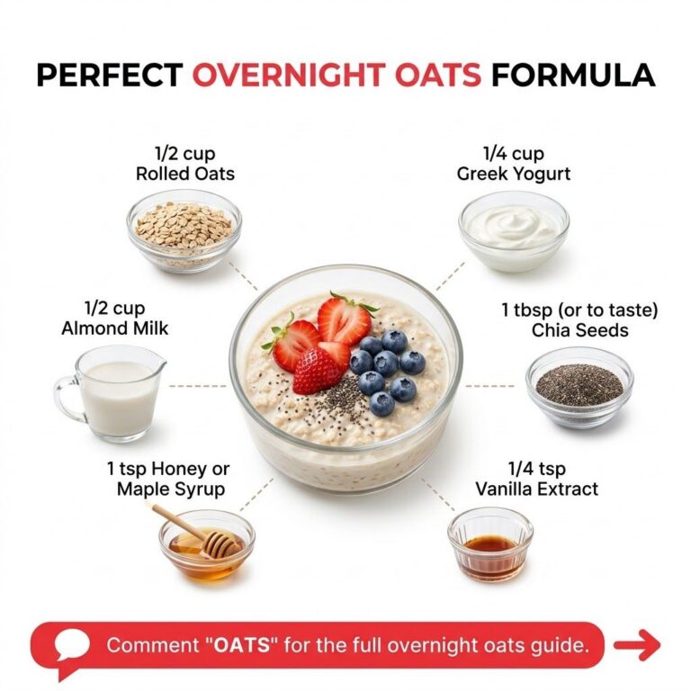 Overnight oats in a jar ready to eat with berries and nuts on top set on a bright kitchen counter with natural morning l