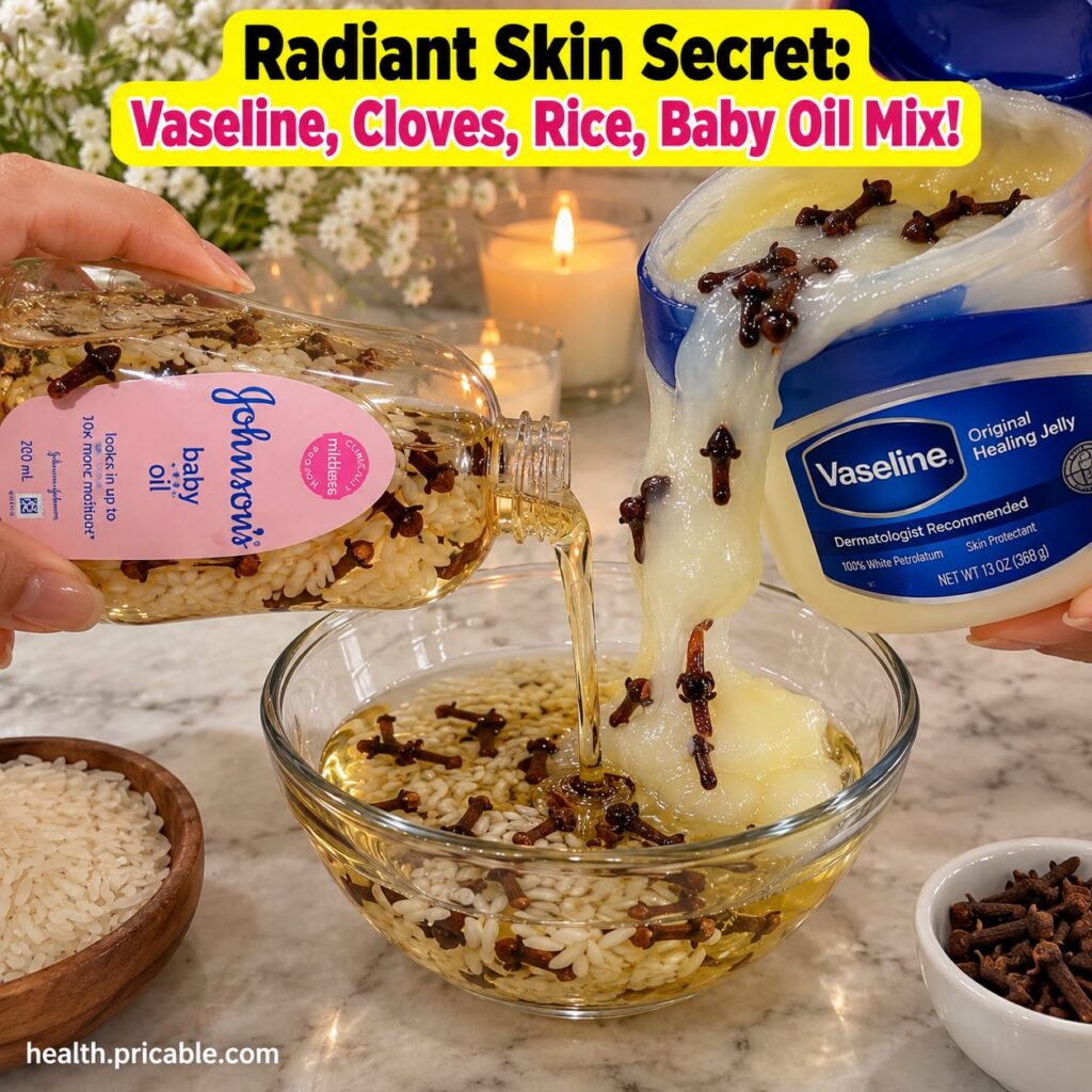 Ingredients for the radiant skin mix a jar of Vaseline whole cloves uncooked rice grains and a bottle of baby oil arrang