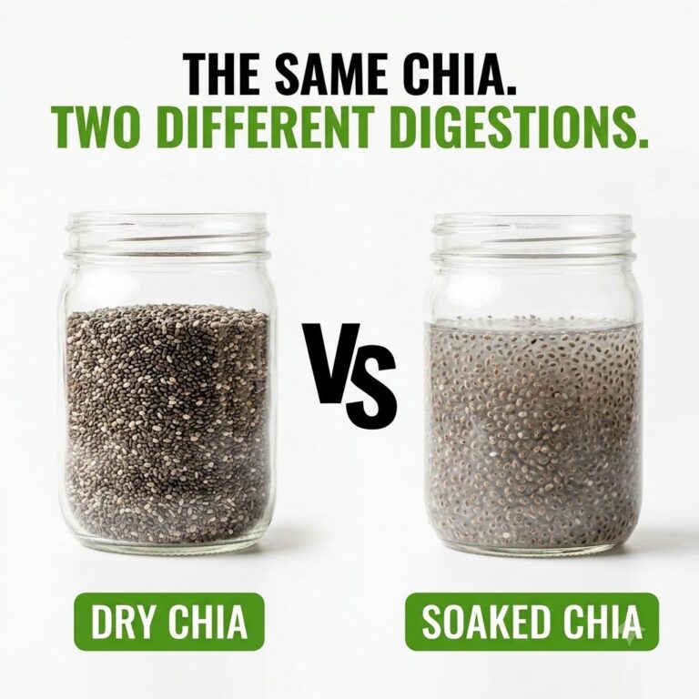 A close-up of two bowls one containing dry chia seeds and the other showing hydrated gel-like chia seeds emphasizing the