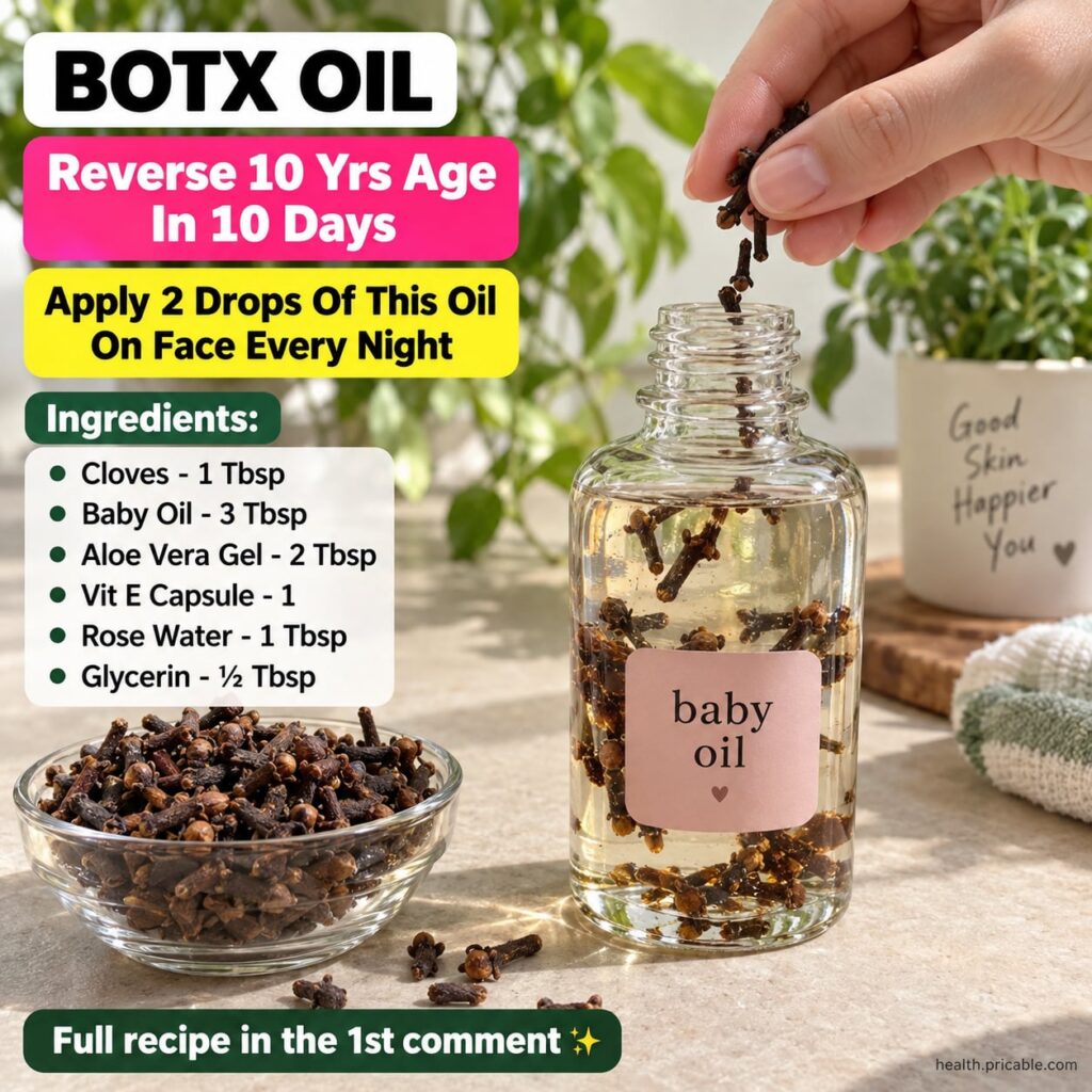 A small glass dropper bottle filled with golden Botox oil and a few whole cloves scattered around it suggesting the key