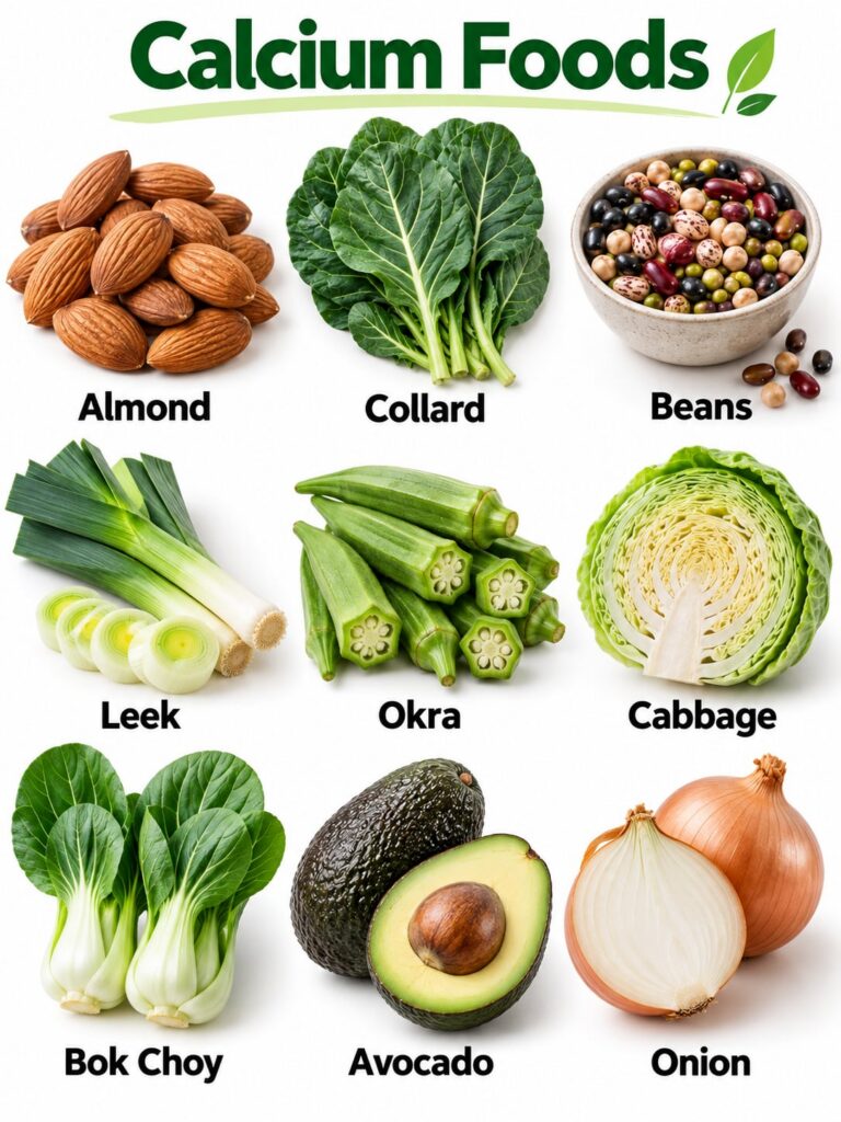 A vibrant array of various plant-based calcium-rich foods like leafy greens almonds fortified plant milk and sesame seed