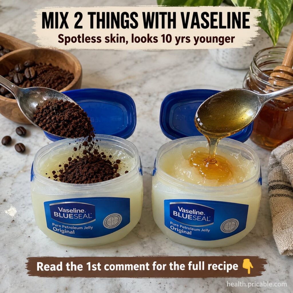 Ingredients for a homemade face mask a jar of Vaseline a bowl of ground coffee and a jar of honey arranged on a rustic w