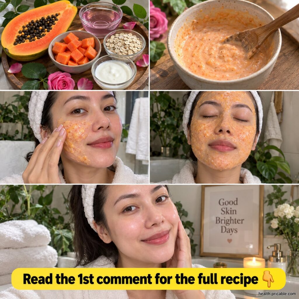 A bowl of mashed papaya next to a bowl of rolled oats with a small dish of the mixed face mask in the foreground ready f