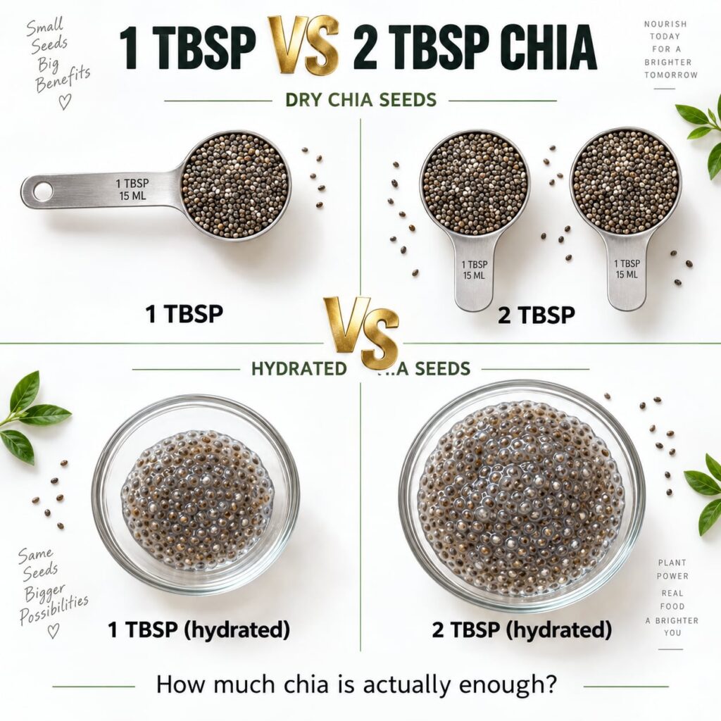 A visual comparison of one tablespoon of chia seeds versus two tablespoons of chia seeds with a subtle infographic overl
