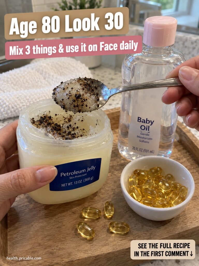 A close-up shot of small containers of Vaseline baby oil and vitamin E capsules arranged neatly on a clean light surface