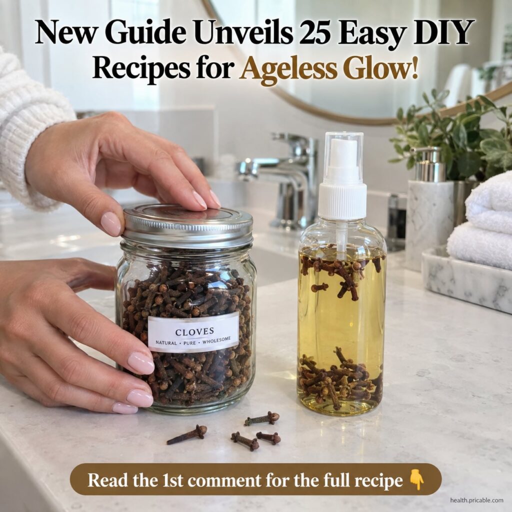 A bowl of whole cloves a glass of water and a jar of aloe vera gel on a natural wooden surface ready for making a DIY be