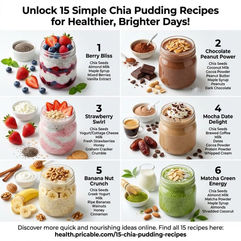 A beautiful assortment of 6-8 colorful chia puddings in clear glass jars or bowls topped with fresh fruits like berries