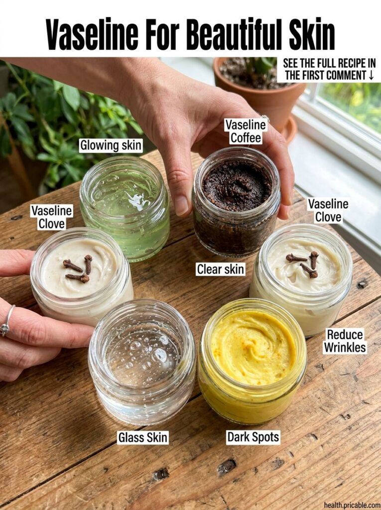 Ingredients for the Vaseline coffee and baby oil night cream showing a jar of Vaseline a small bowl of coffee powder and