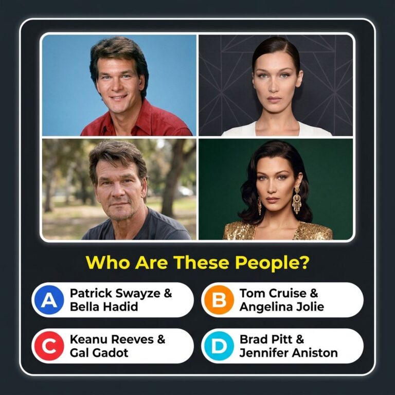 A quiz card featuring two black-and-white portraits of iconic Hollywood celebrities asking viewers to identify them and 