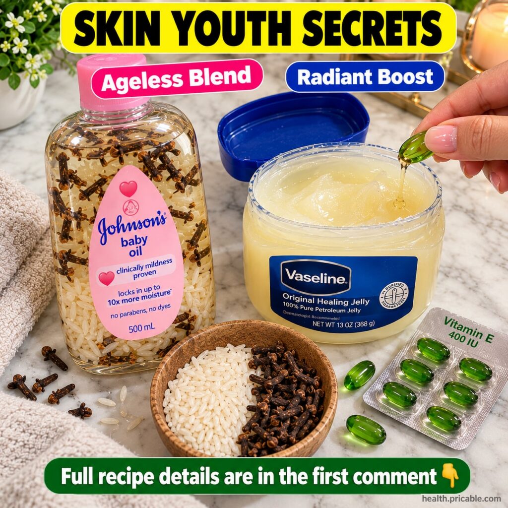 A collection of the key ingredients a jar of Vaseline a bottle of baby oil Vitamin E capsules a small bowl of rice grain