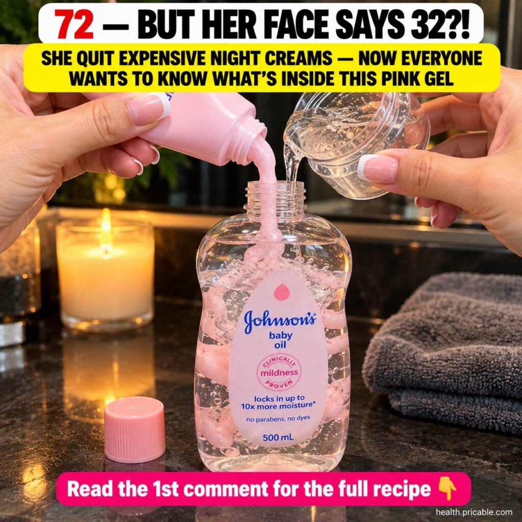 Three small containers on a vanity one with pink cream one with clear gel and a bottle of Johnson s baby oil arranged to