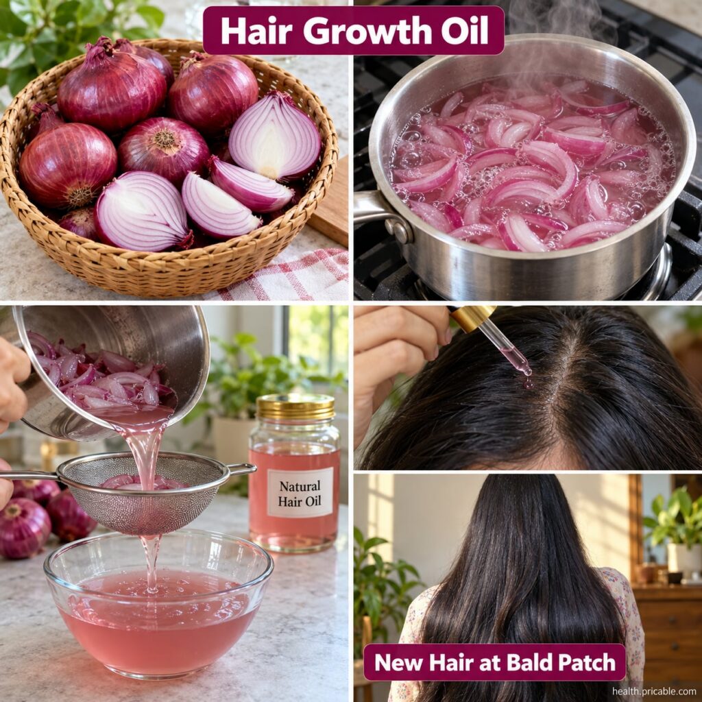 Chopped onion pieces in a bowl next to a bottle of carrier oil