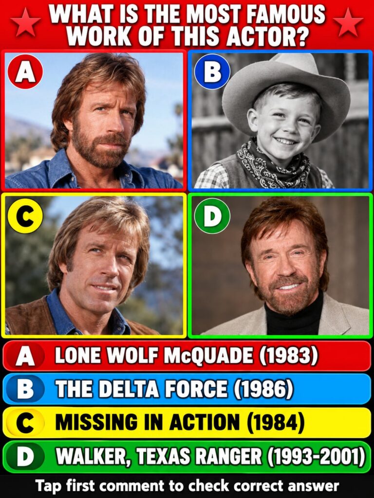Chuck Norris in character as Cordell Walker from Walker Texas Ranger wearing his signature hat and denim in an action st
