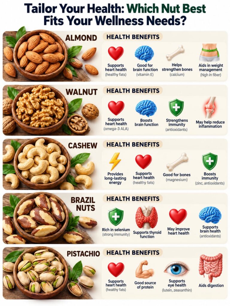 An assortment of various healthy nuts including almonds walnuts cashews Brazil nuts and pistachios clearly separated and