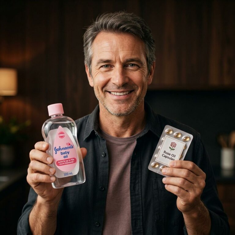 A sleek dark-toned product shot of a Johnson s Baby Oil bottle and a small bottle of rose oil both glowing against a dar