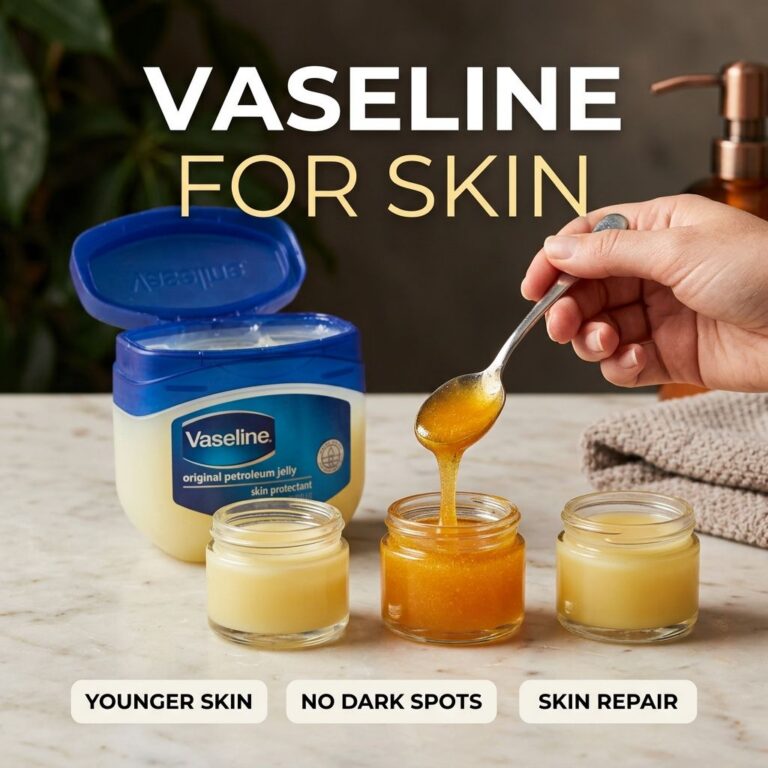 A glossy HD image of a classic blue and white Vaseline Petroleum Jelly jar set against a dark slightly reflective backgr