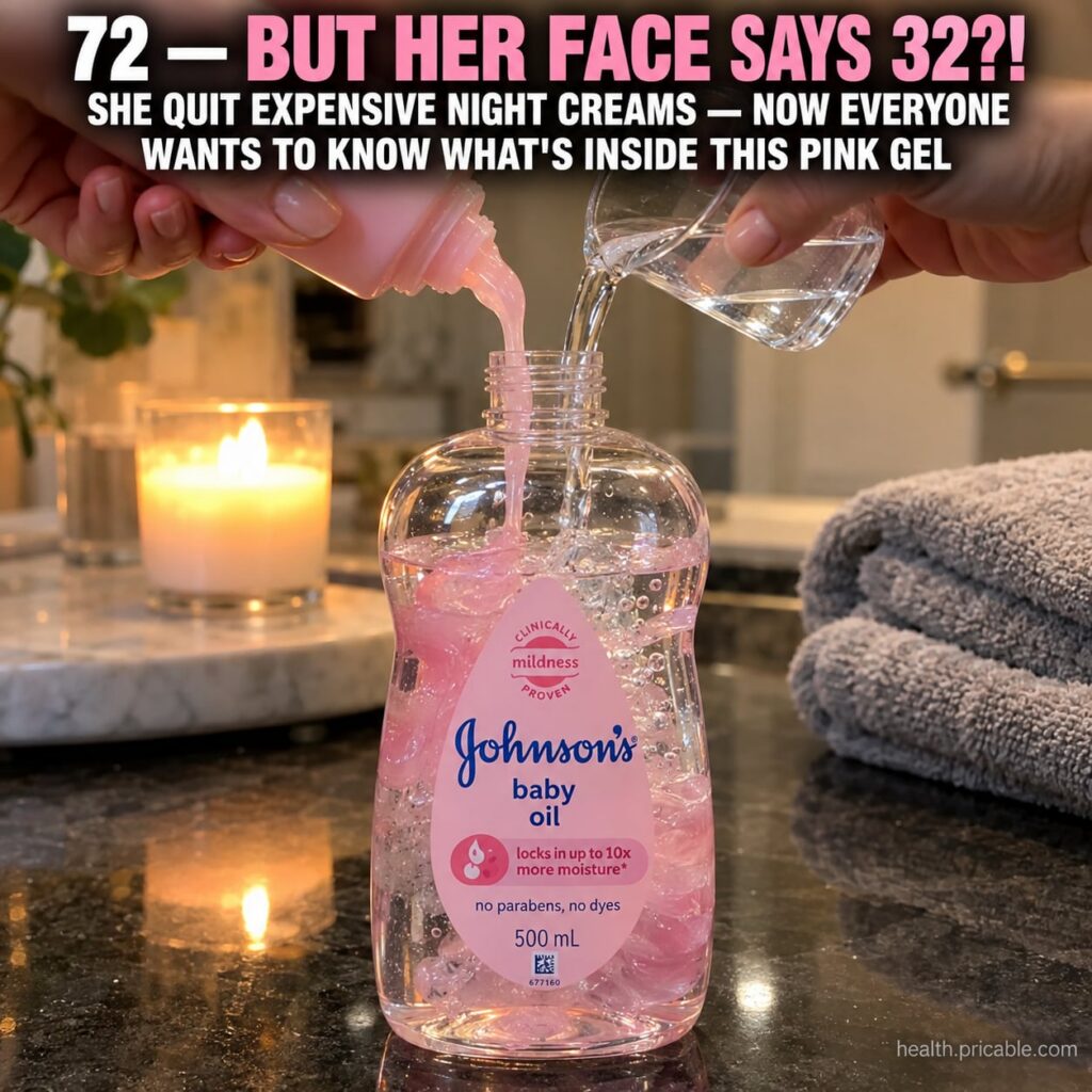 A woman applying a pink gel and baby oil mixture to her face looking refreshed and youthful