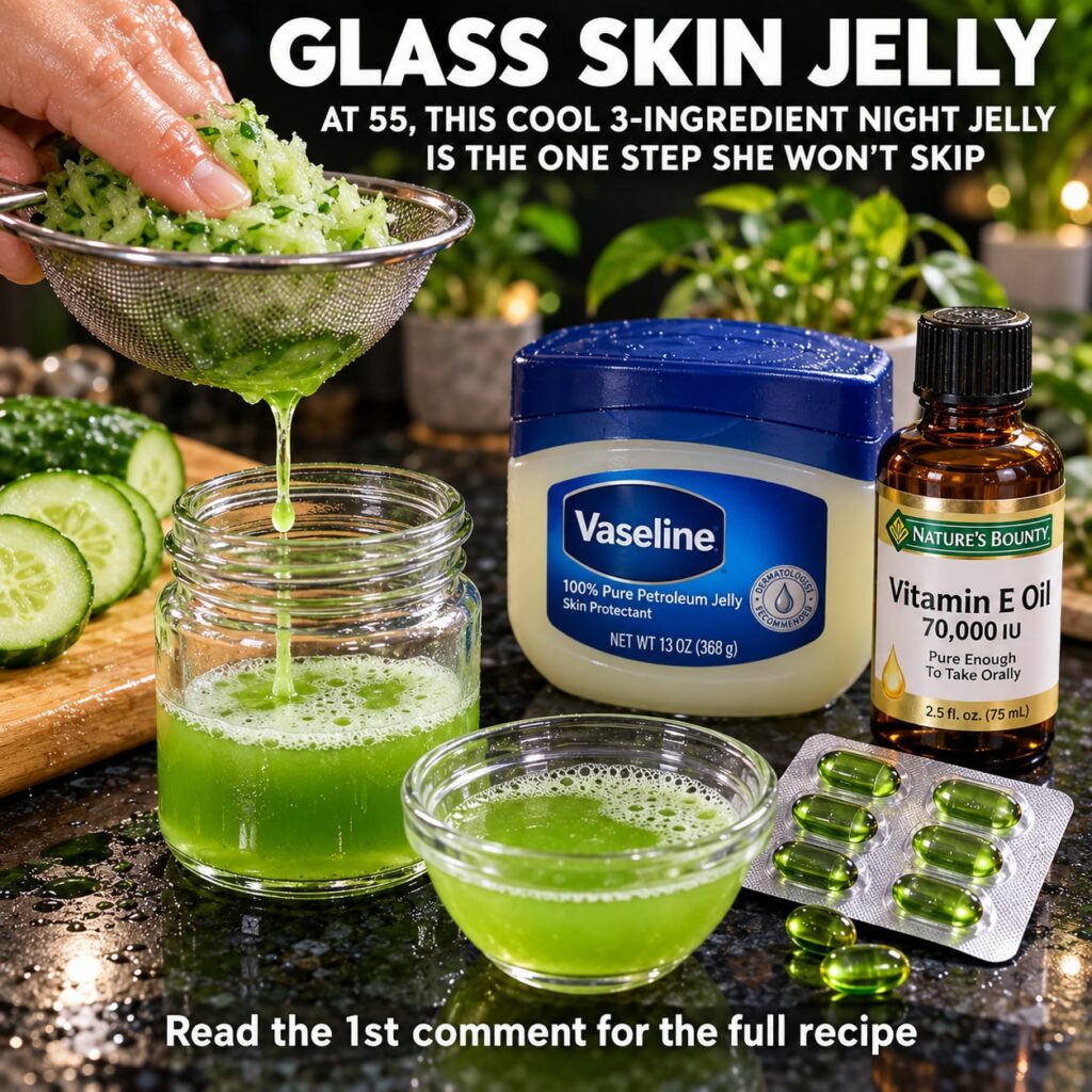 A beautifully presented jar of homemade glass skin night jelly with the three main ingredients aloe vera vitamin E oil a