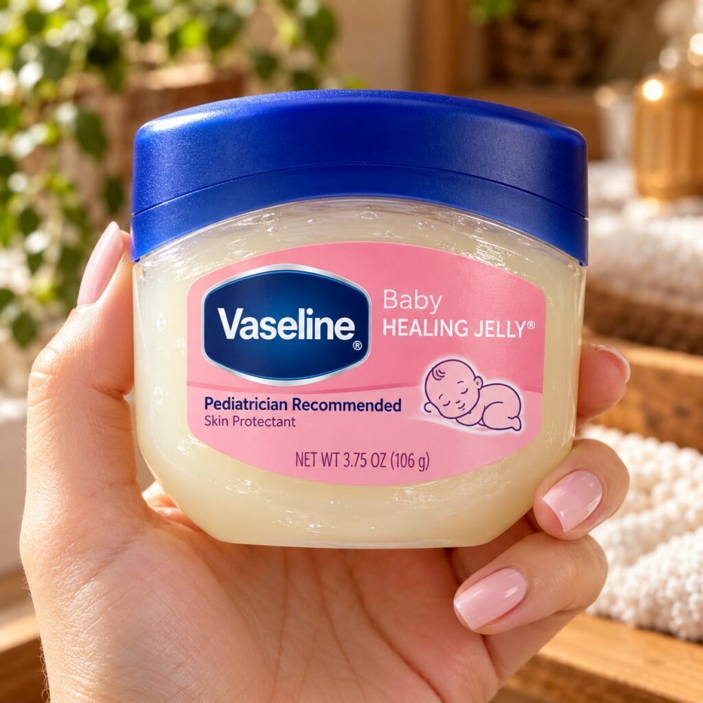 A close-up high-definition shot of a jar of Vaseline Baby Healing Jelly emphasizing its glossy texture and luminous appe