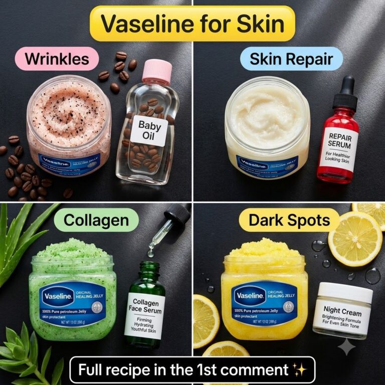 A jar of Vaseline petroleum jelly placed among subtle beauty tools like cotton pads and a small bowl all on a dark gloss