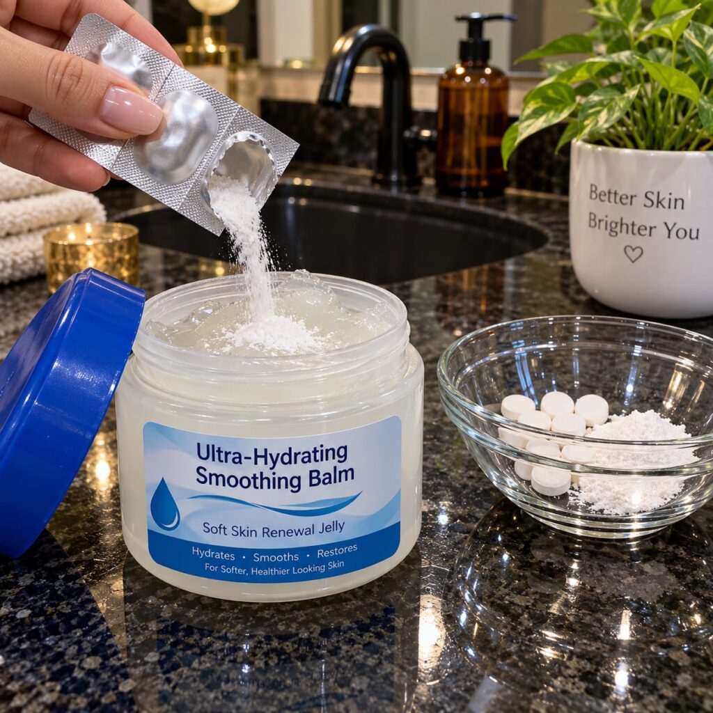 A glossy high-definition image of a small glass jar containing a creamy luminous white mixture of petroleum jelly and Vi