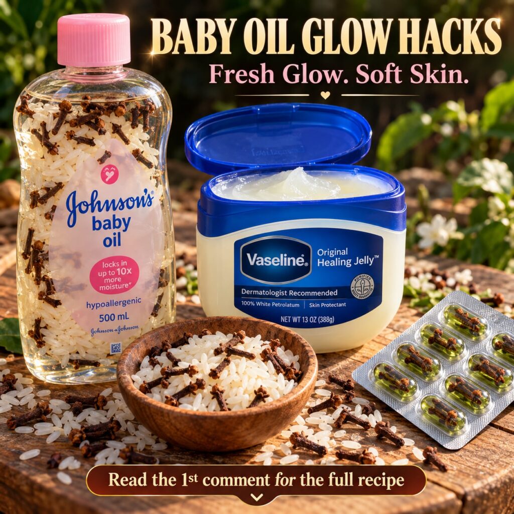 A close-up high-definition glossy product shot of a bottle of baby oil with a clear brand label visible against a dark s
