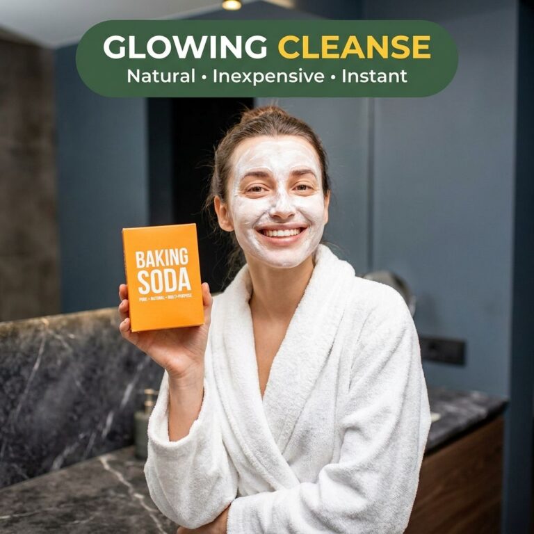 A woman with fresh clean glowing skin after using a natural face mask possibly a baking soda mask She has a radiant comp