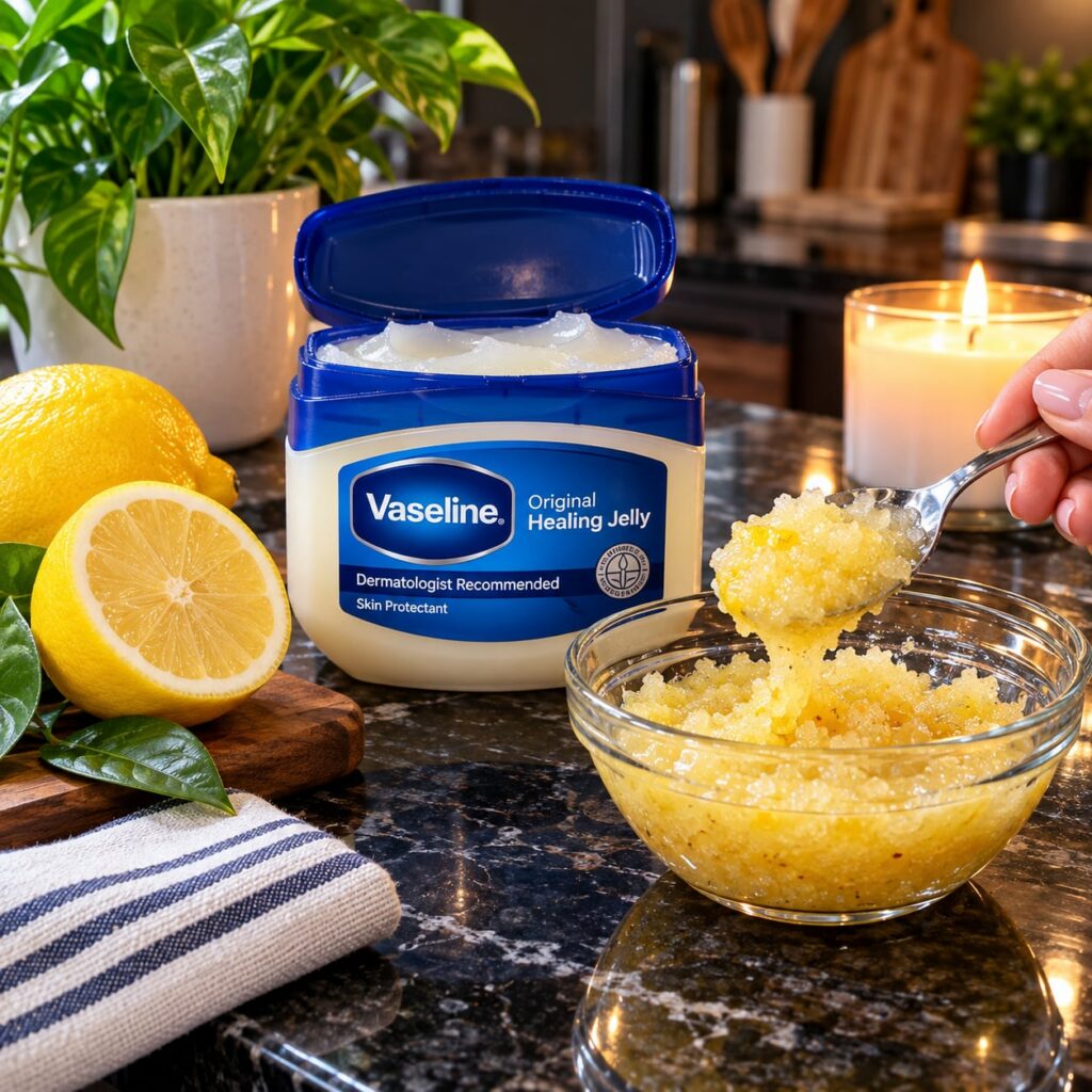 A jar of Vaseline petroleum jelly next to several fresh vibrant yellow lemons some whole and some cut against a dark sli