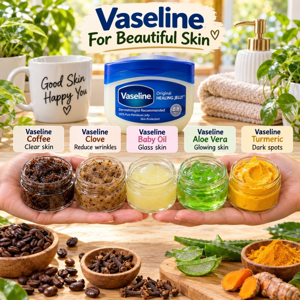 A jar of Vaseline Petroleum Jelly surrounded by common natural beauty ingredients like honey sugar aloe vera leaf and a 