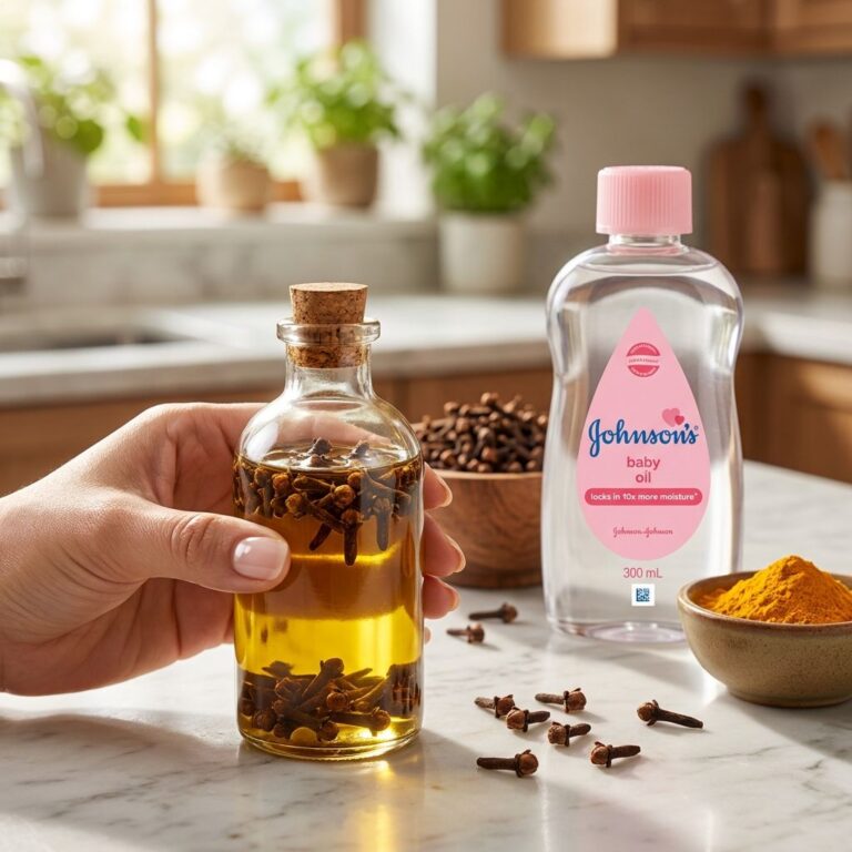 A close-up shot of whole cloves a bottle of Johnson s Baby Oil and a small pile of turmeric powder arranged aestheticall