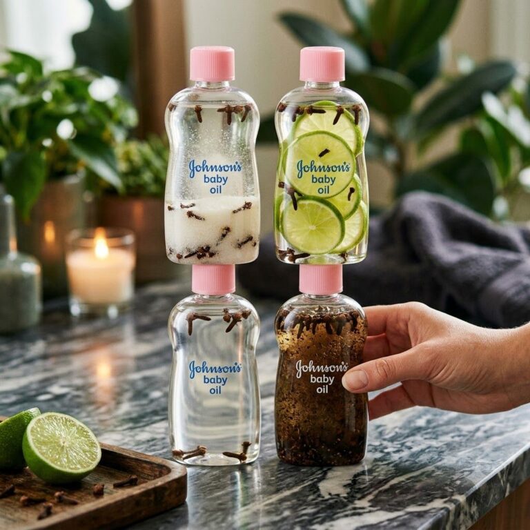 A sleek clear bottle of baby oil infused with whole cloves and sliced limes on a dark slightly reflective surface The oi