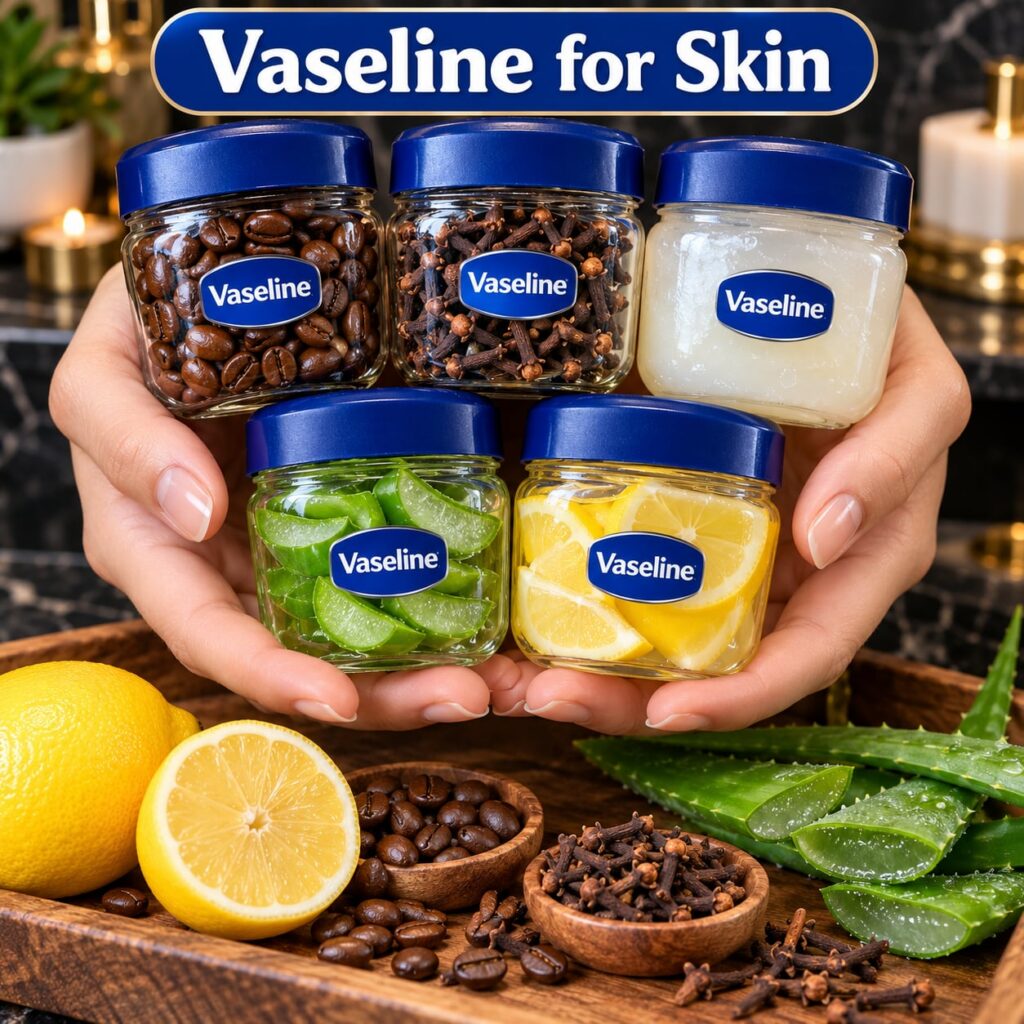 A close-up of a small jar of Vaseline an open aloe vera leaf and coffee grounds on a dark shimmering background suggesti