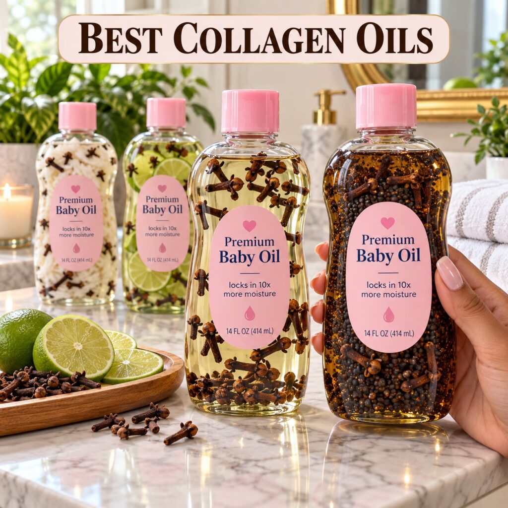 A beautifully styled product shot of a bottle labeled BEST COLLAGEN OILS or similar custom label made from infused baby 