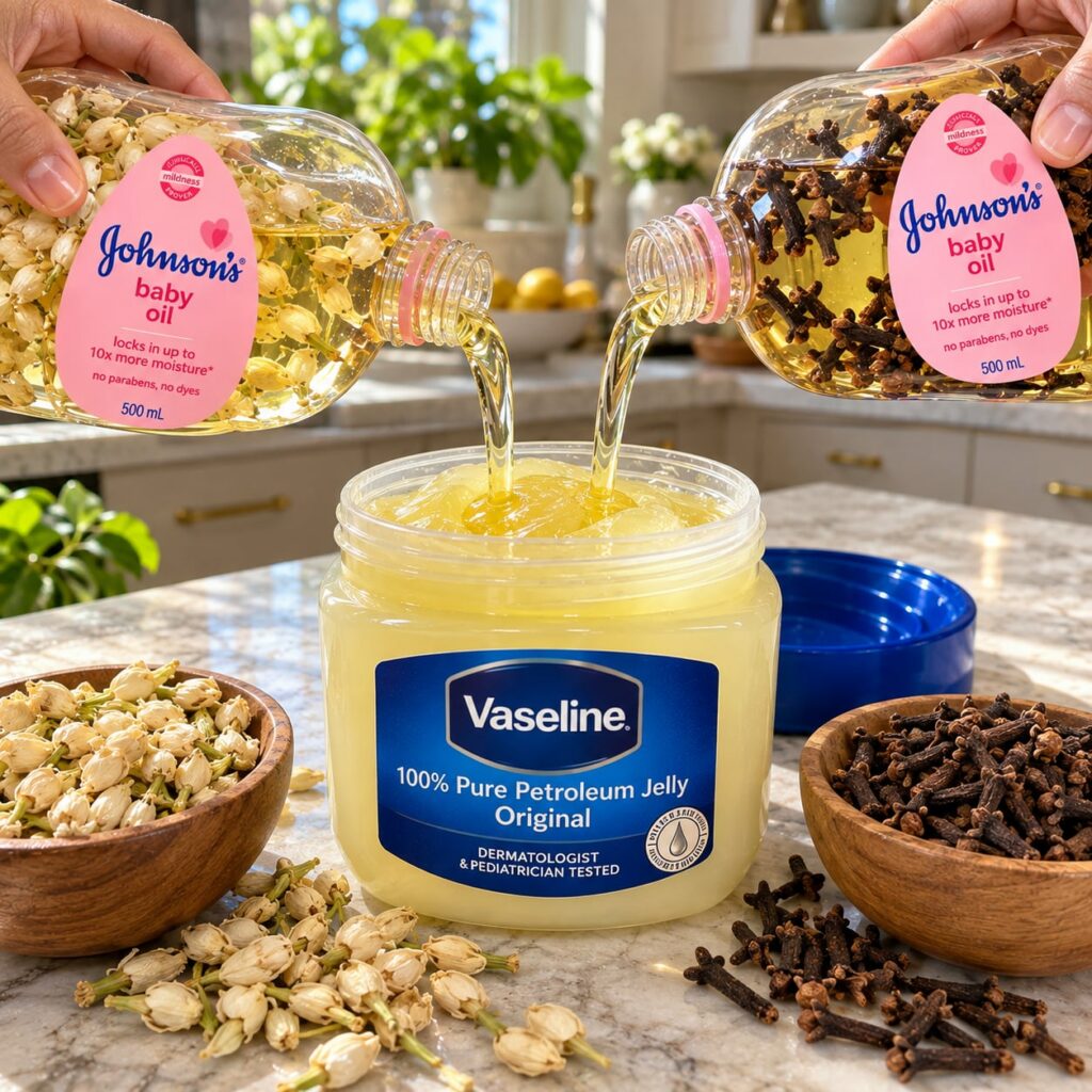 A clear glass jar of Vaseline a bottle of Johnson s Baby Oil a small handful of dried rose petals and cloves and a small