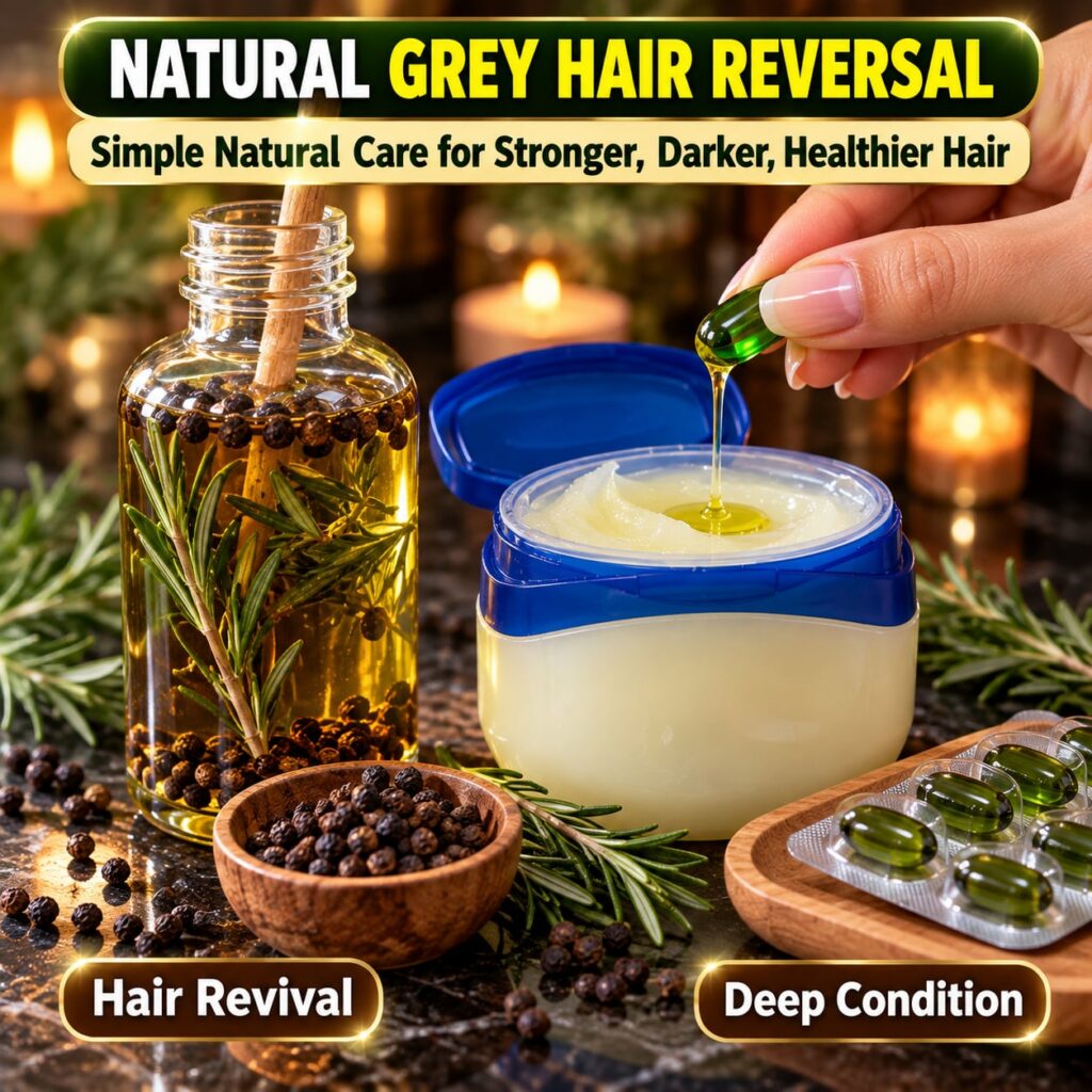 A natural blend for grey hair reversal with rosemary black peppercorns and Vaseline