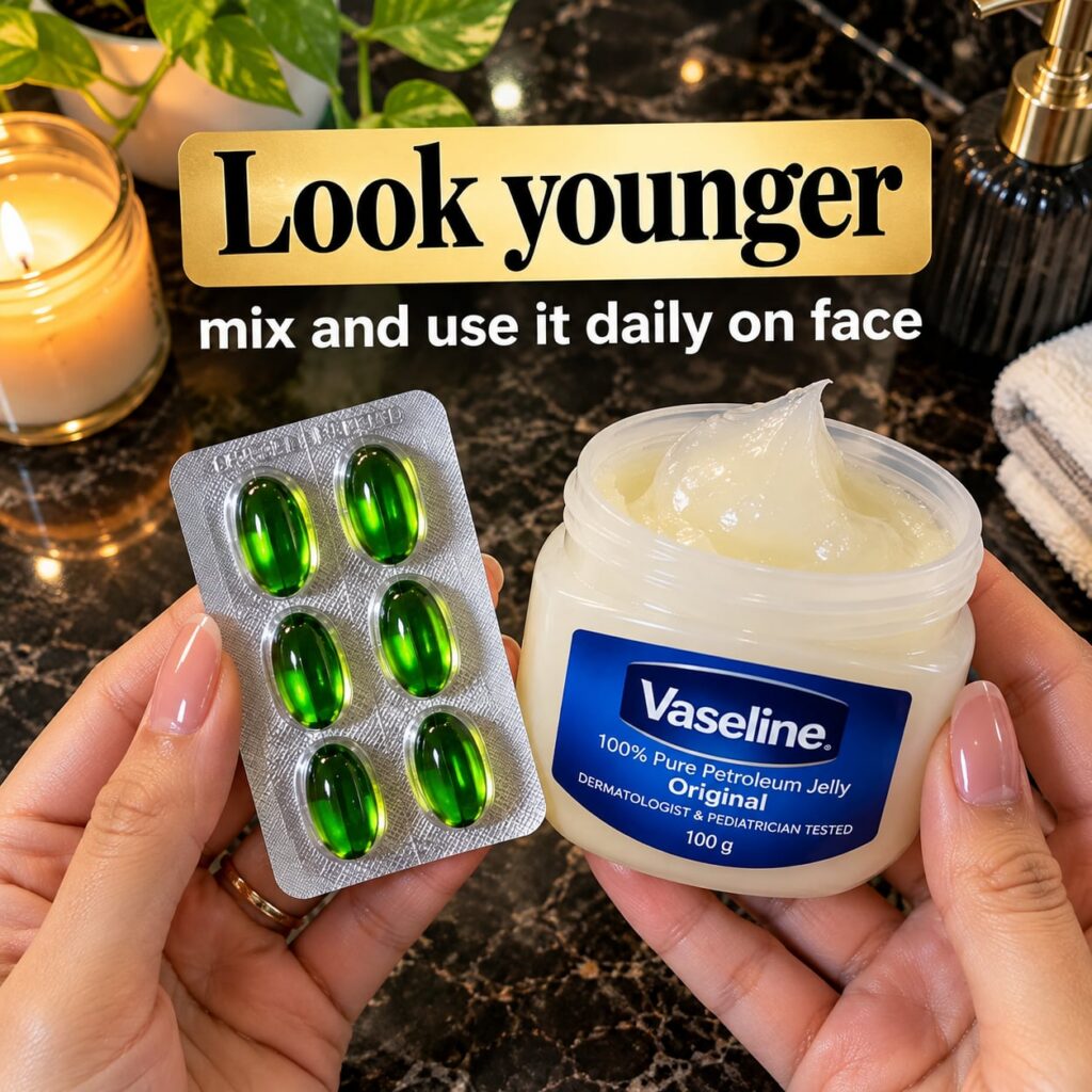A glowing high-definition image of a classic Vaseline petroleum jelly jar next to several small clear Vitamin E capsules
