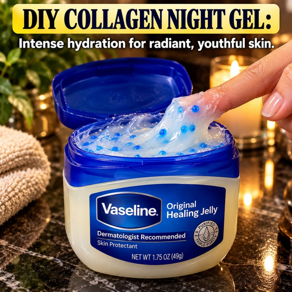 A visually appealing representation of a DIY Collagen Night Gel with Vaseline possibly in a small luxurious jar or dish 