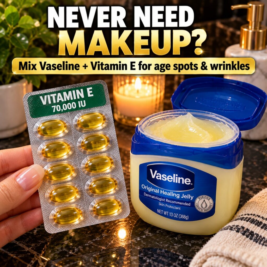A sleek high-definition image showcasing a jar of Vaseline and a bottle of Vitamin E oil with a subtle golden glow and a