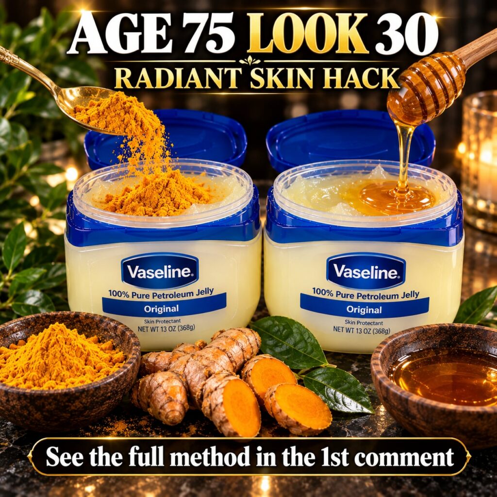 A close-up of a bowl containing a golden turmeric and honey mask mixture next to a jar of Vaseline The background is dar
