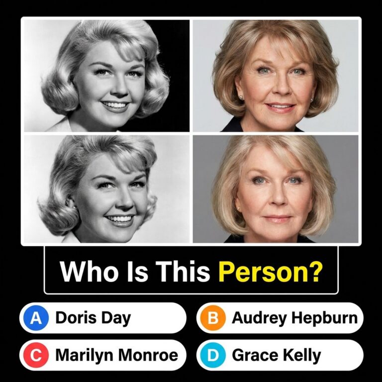 A sophisticated quiz card featuring a partially obscured classic Hollywood actress with a question overlayed Can you nam