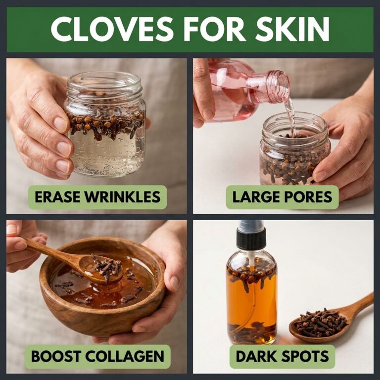 Close-up of whole dried cloves and perhaps some ground clove powder with a blurred background suggesting natural skincar