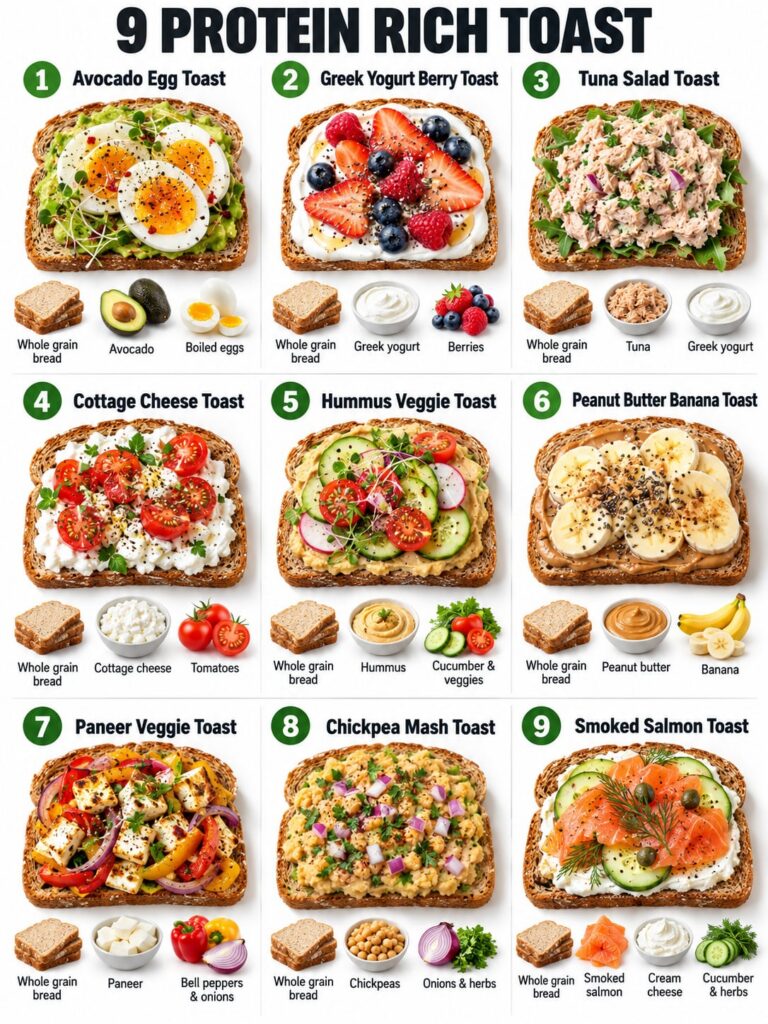 A vibrant spread of nine different protein-rich toast creations on a wooden board showcasing toppings like avocado and e