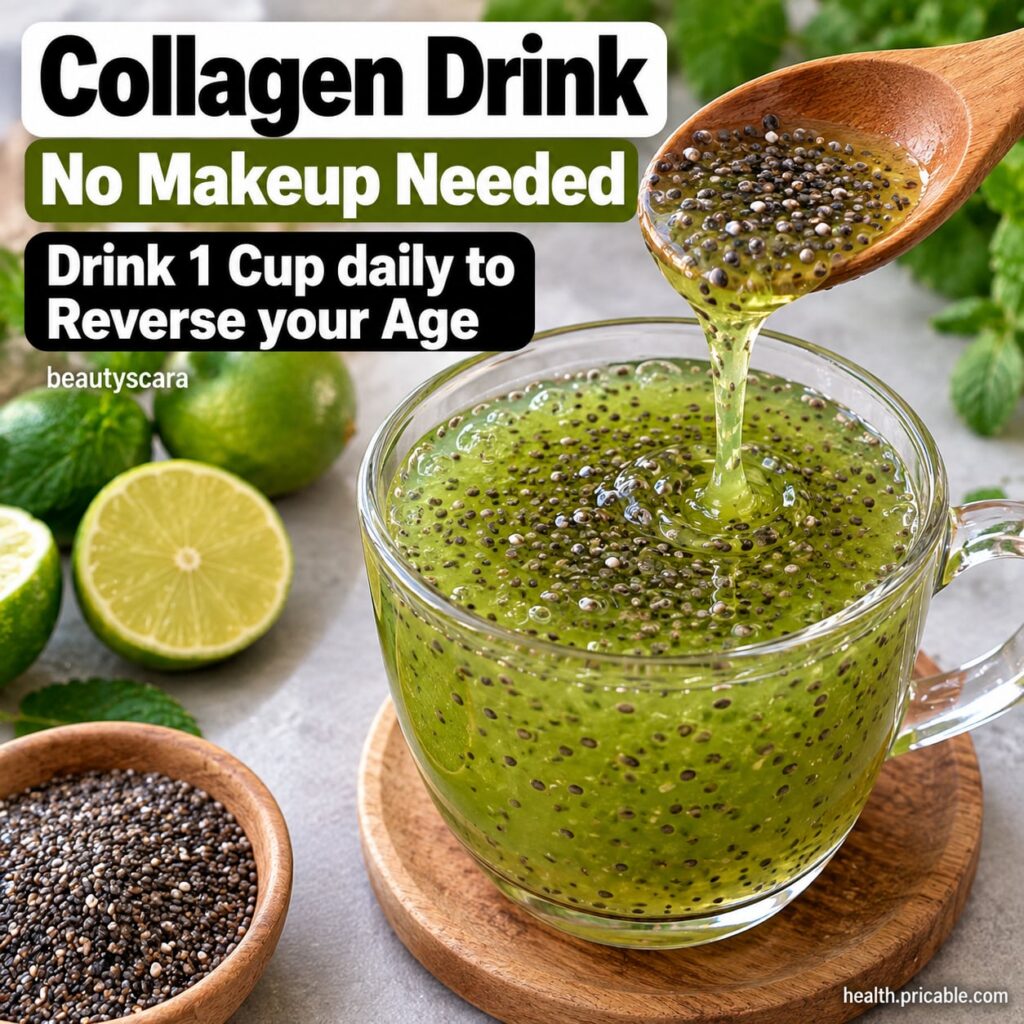 Ingredients for a green collagen beauty drink laid out on a kitchen counter a scoop of white collagen powder fresh spina