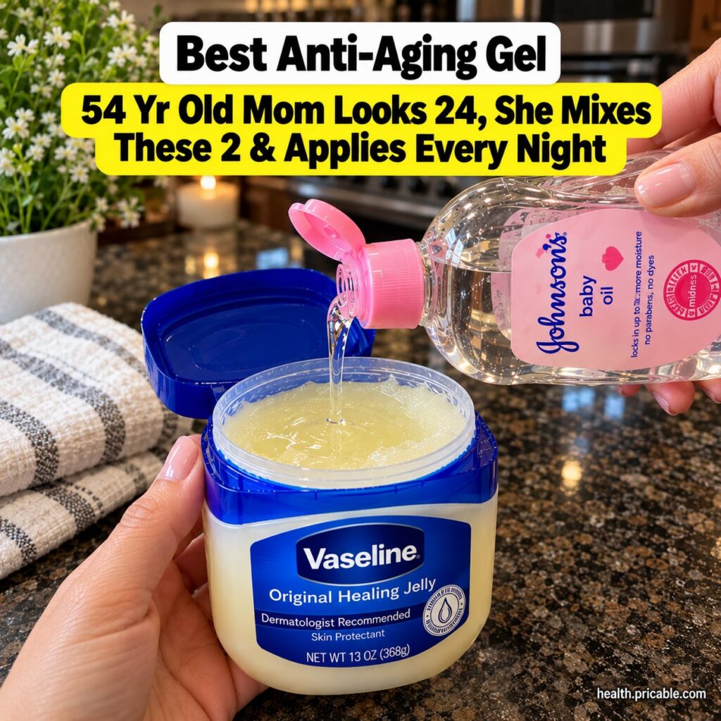 A woman applying a clear glossy mix to her face focusing on areas prone to fine lines with bottles of baby oil and Vasel