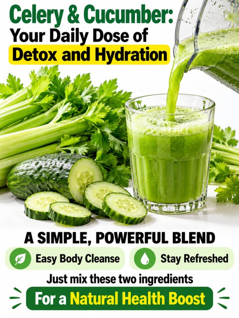A vibrant green smoothie or juice in a clear glass with fresh celery stalks and cucumber slices beside it on a light bac