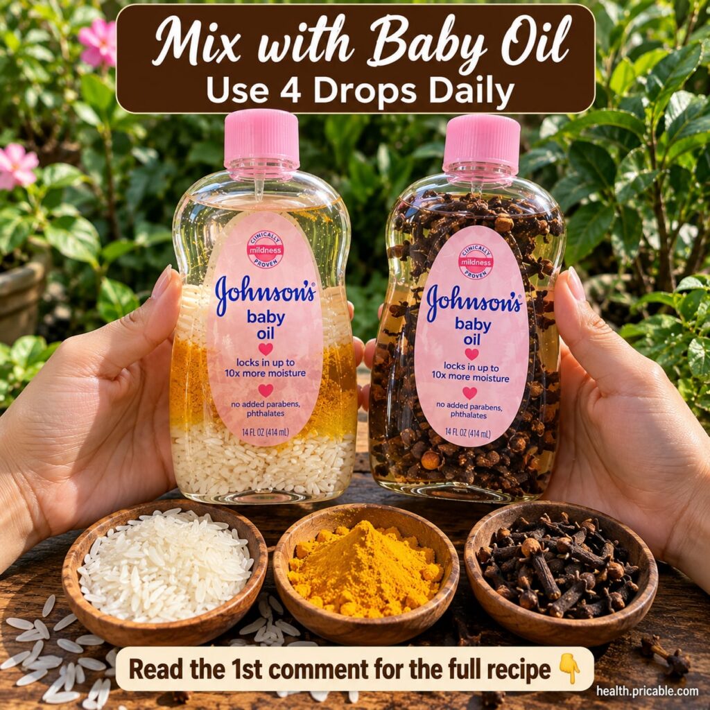 A still life image showing Johnson s Baby Oil a small bowl of rice grains a small bowl of turmeric powder and a small bo