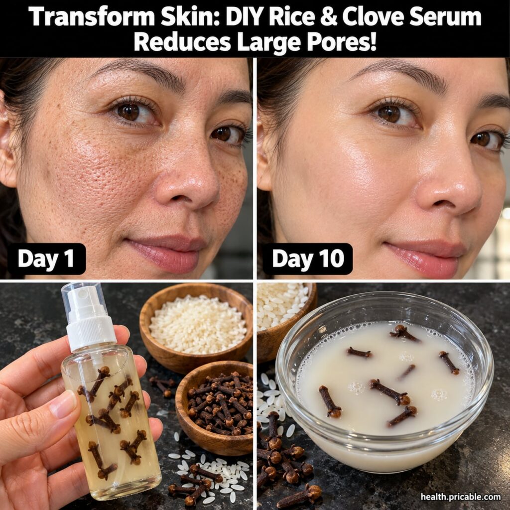 Ingredients for a rice and clove serum showing raw rice grains and whole cloves on a wooden surface